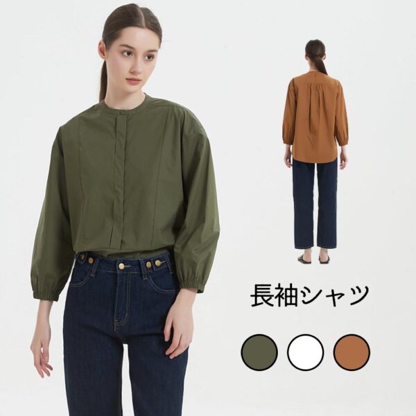 綿100％ボタンがかくれんぼフライプラケット長袖シャツブラウス KNNC306