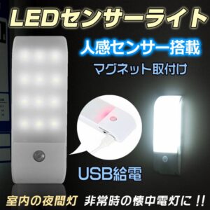 人感センサーライト 懐中電灯 夜間灯 LEDライト 高輝度 USBケーブル マグネット付き 両面テープ付き 室内 クローゼット 部屋 玄関 非常時 sl049